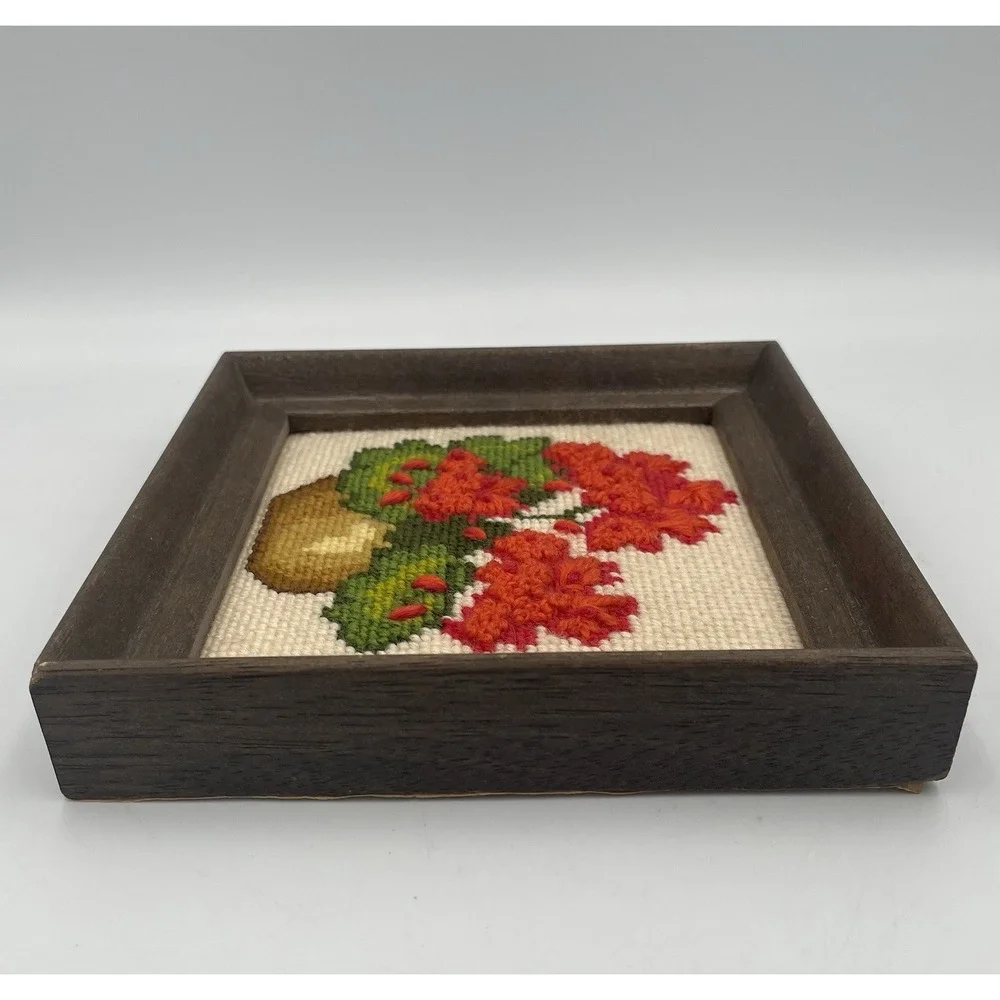 Vtg Floral Crewel Embroidery Framed Wall Art 6 x 6 Cottagecore Red Geraniums MCM